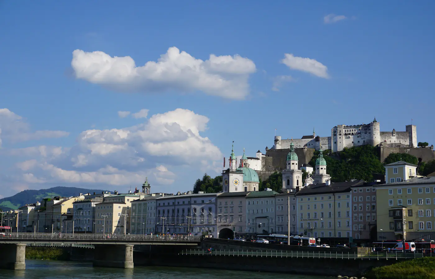 Hohensalzburg Fortress overlooking Salzburg's old town and the Salzach river in Austria