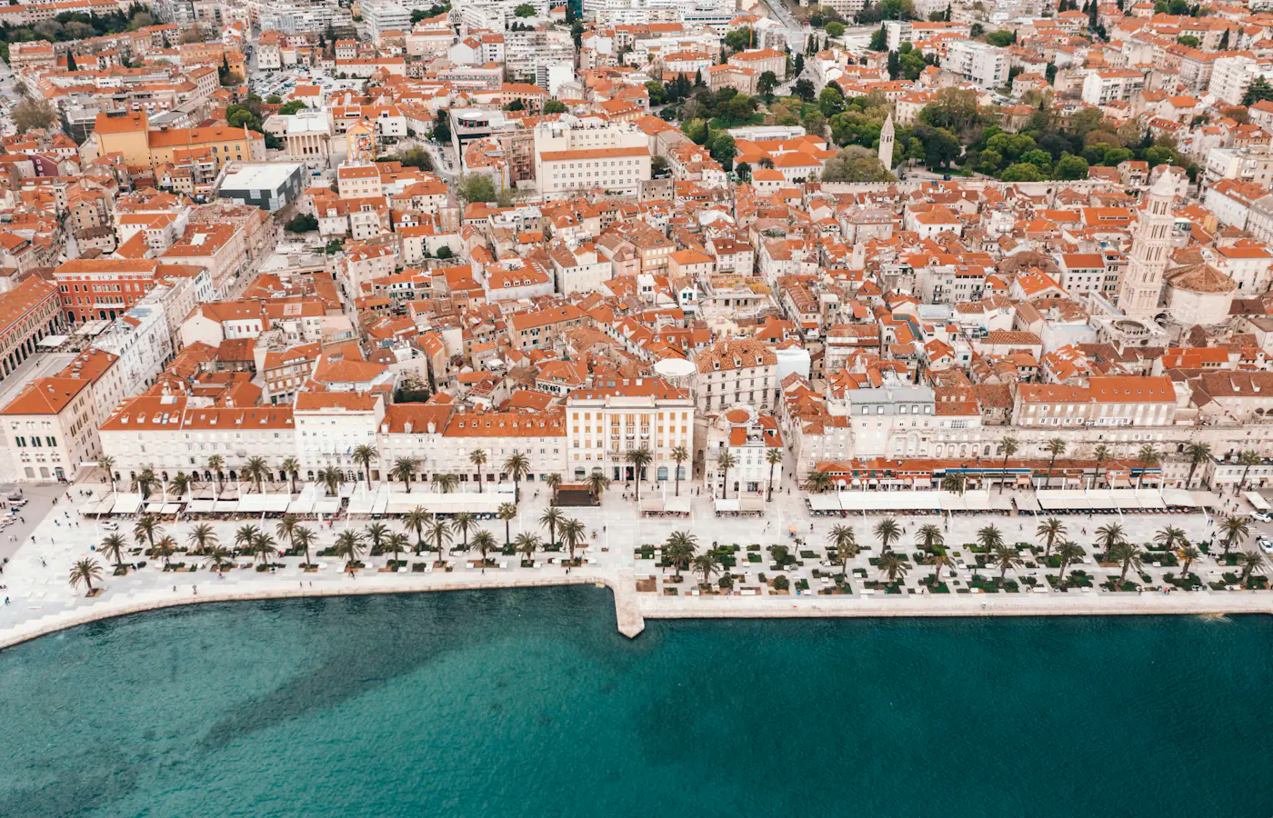 Aerial view of Split's waterfront and the old town around Diocletian's Palace.