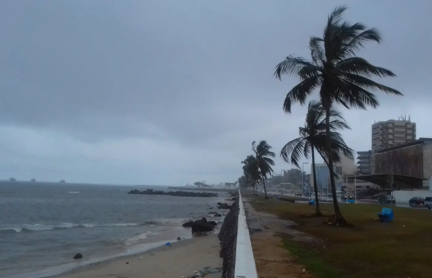 Palm trees and the waterfront promenade in Libreville, Gabon, beneath an overcast sky
