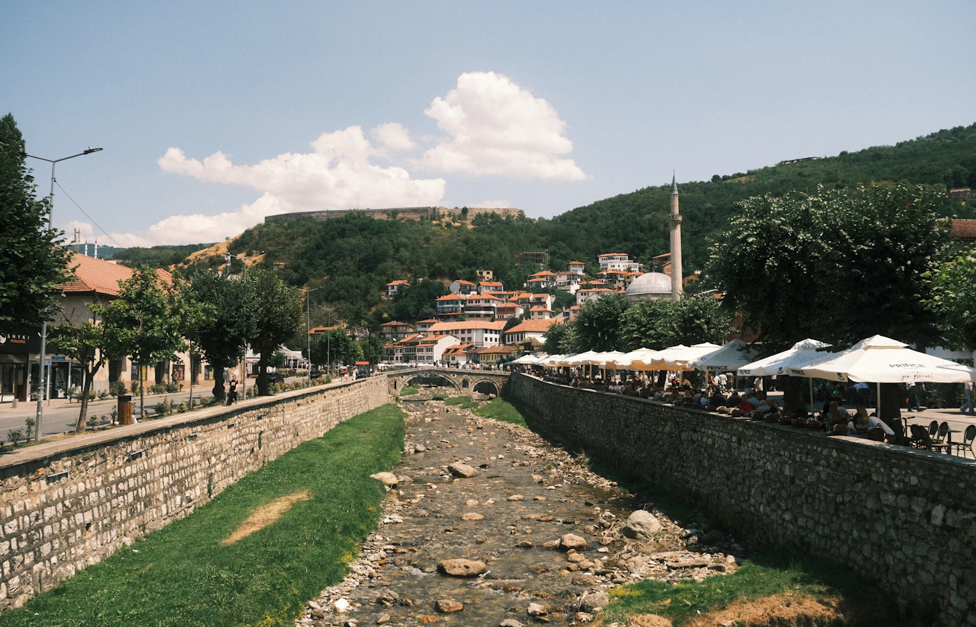 The stone bridge, mosque and hillside above the old town of Prizren, Kosovo