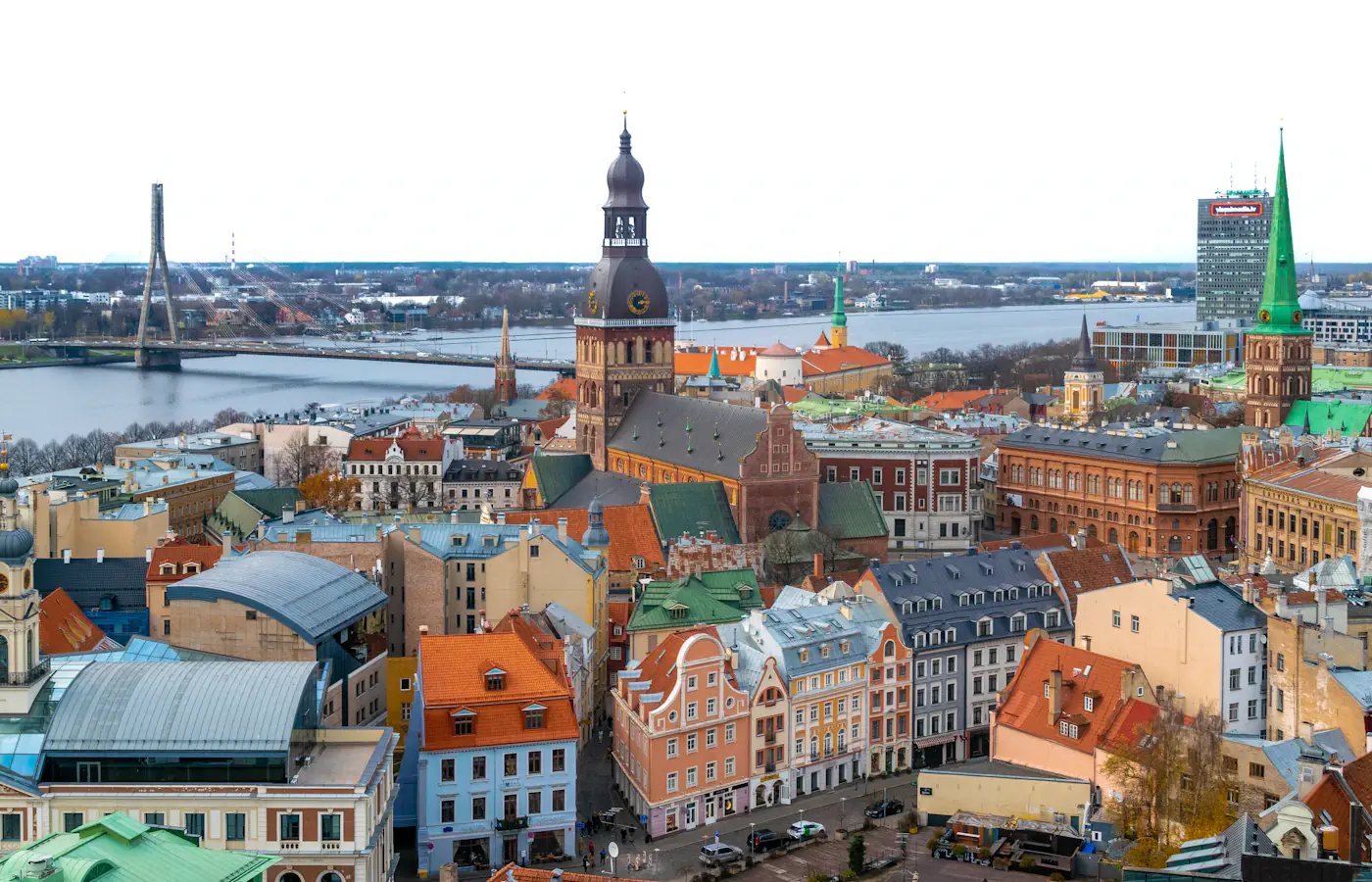Riga's old-town roofs, cathedral tower and the Daugava River