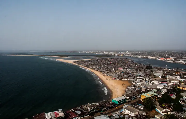 West Point neighbourhood and coastline of Monrovia viewed from above