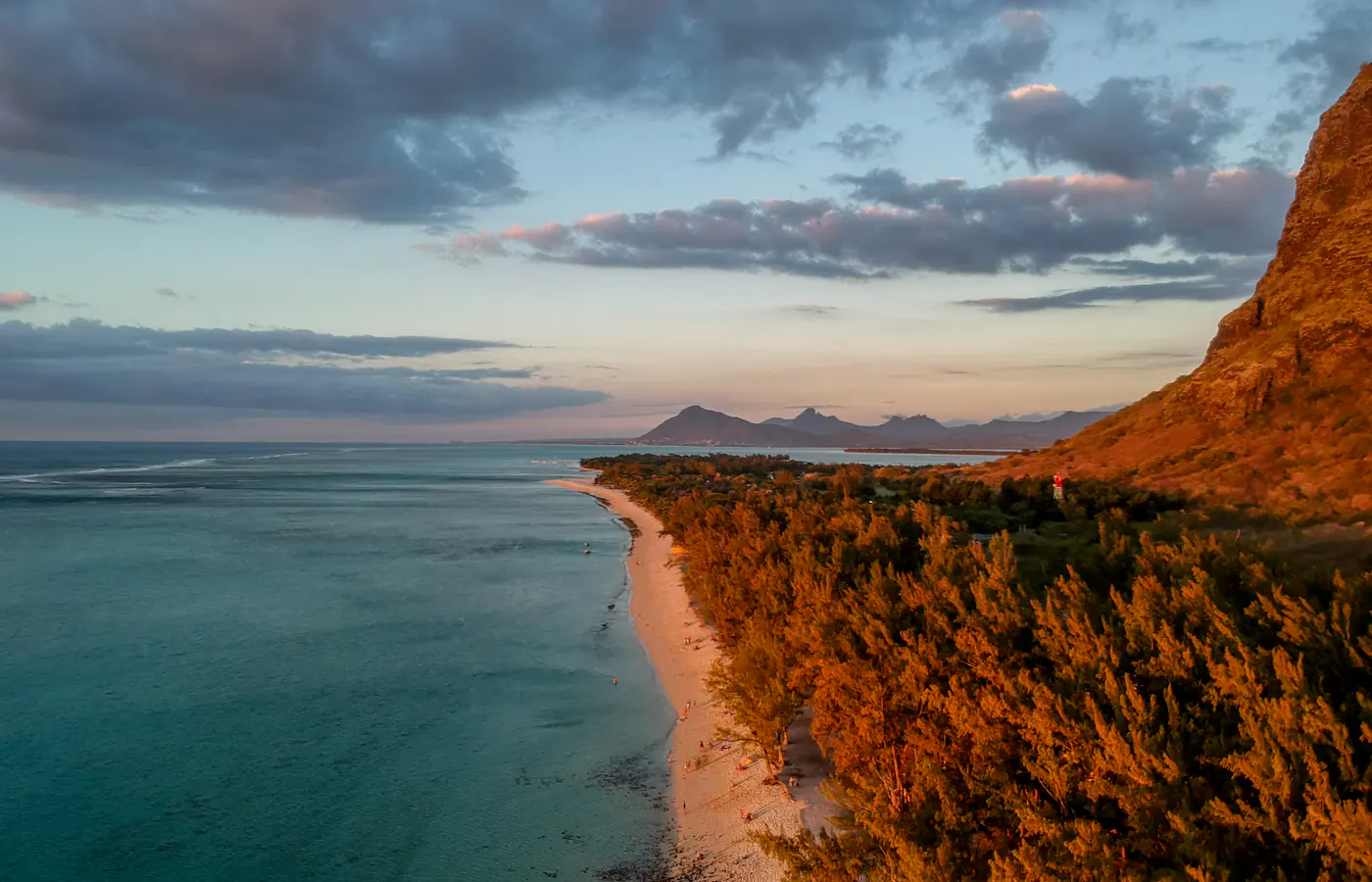 Aerial photo of trees, a beach and turquoise water at Le Morne, Mauritius.