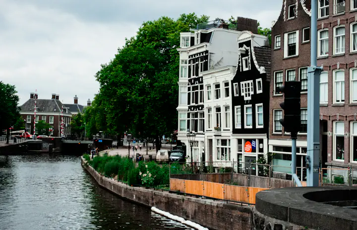 Tree-lined Amsterdam canal with traditional houses and a footbridge