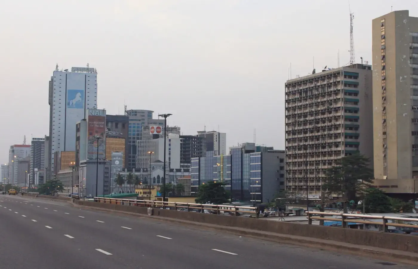 High-rise towers and a roadway along the Lagos skyline, Nigeria