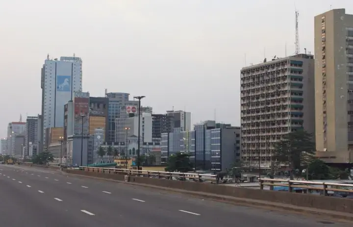 High-rise towers and a roadway along the Lagos skyline, Nigeria