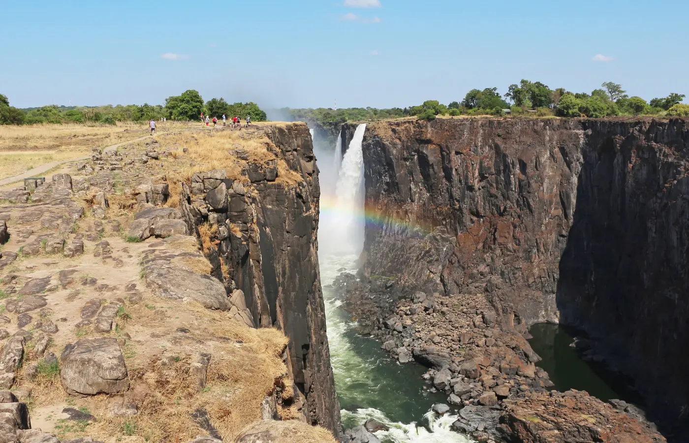 Victoria Falls gorge and a rainbow photographed from the Zimbabwe side